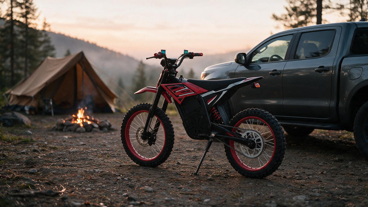 A red and black electric dirt bike with red-rimmed tires is parked outdoors at dusk beside a gray pickup truck, with a tent and campfire in the background.