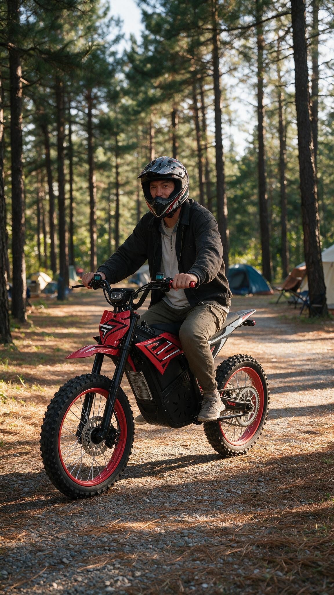 A person wearing a black helmet and dark jacket rides a red and black electric dirt bike on a forest path surrounded by tall pine trees.