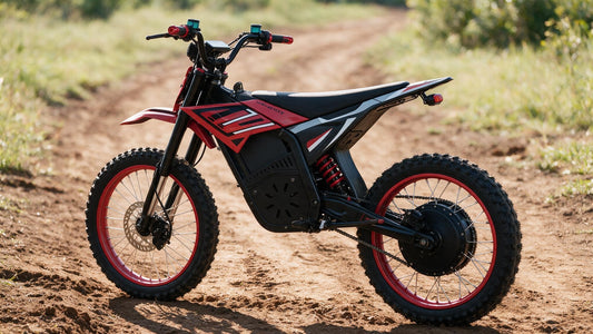 A red and black electric dirt bike with knobby tires, parked on a dirt path outdoors.