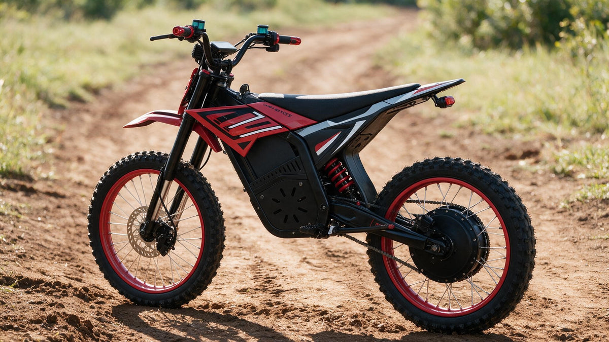 A red and black electric dirt bike with knobby tires, parked on a dirt path outdoors.