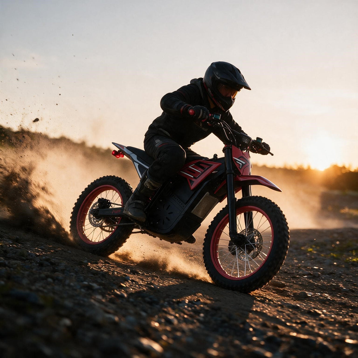 A person in full black off-road riding gear leans sharply on a red and black electric dirt bike on a dusty trail at sunset.