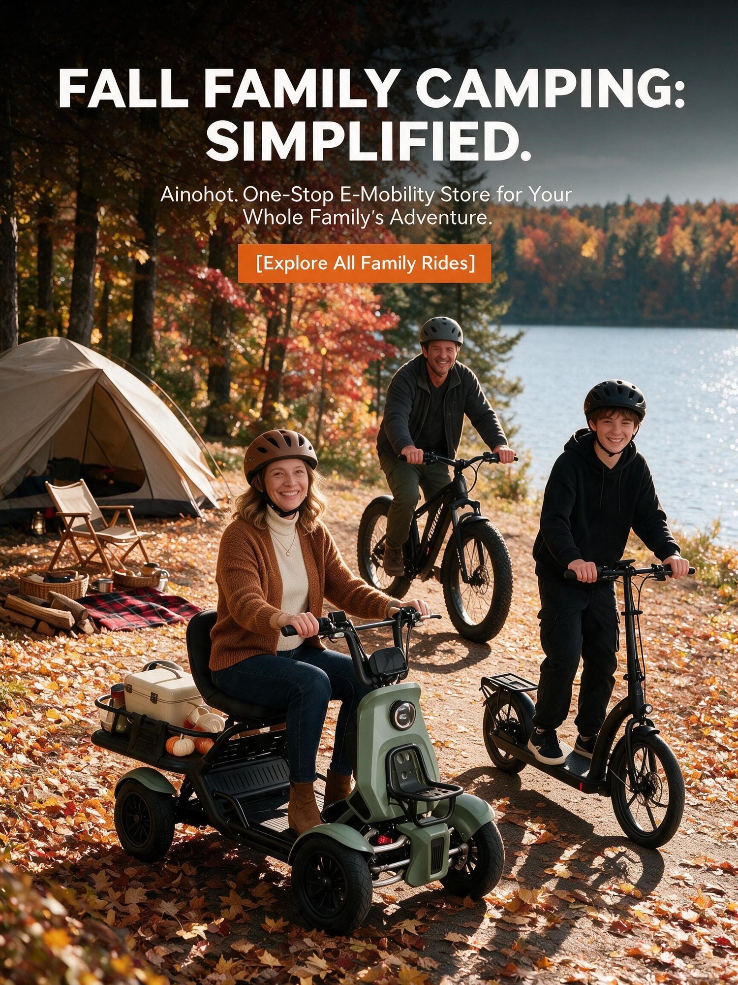 A promotional outdoor scene in autumn woods showing three people with electric mobility devices, including a woman in the foreground riding a green electric trike with a cargo bed. Large text at the top reads 'FALL FAMILY CAMPING: SIMPLIFIED' with a smaller tagline and an orange '[Explore All Family Rides]' button.