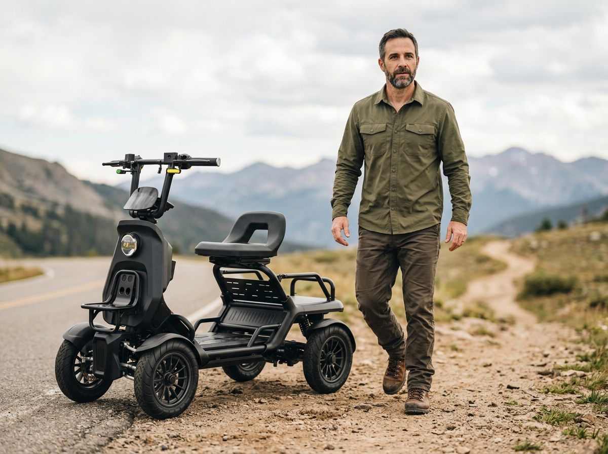 A man in an olive green shirt and brown pants walks beside a black four-wheeled electric mobility scooter on a dirt road with mountains in the background.