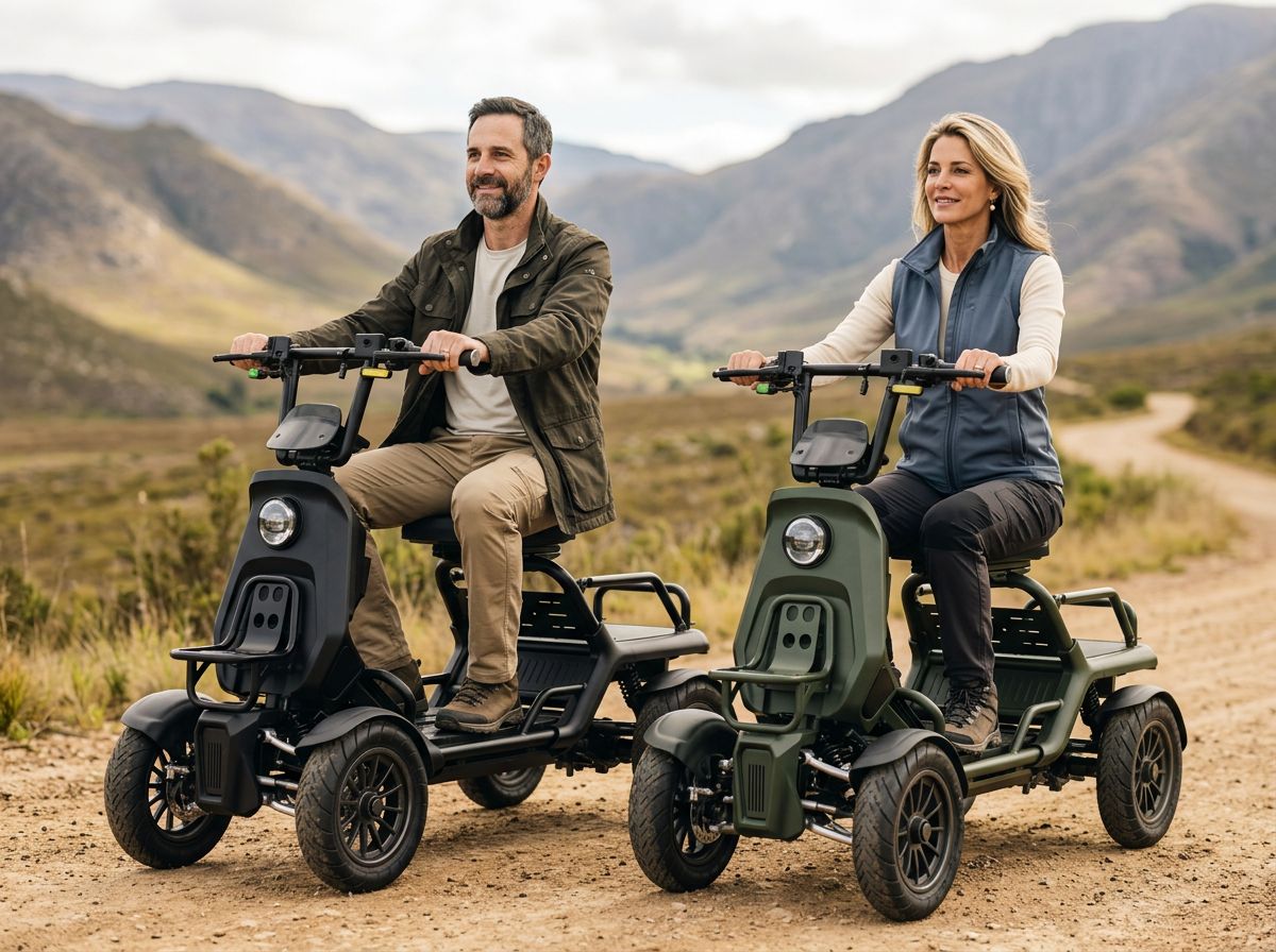 A man and a woman ride electric three-wheel quads on a dirt road with mountains in the background. The man's quad is matte black, and the woman's quad is matte olive green.