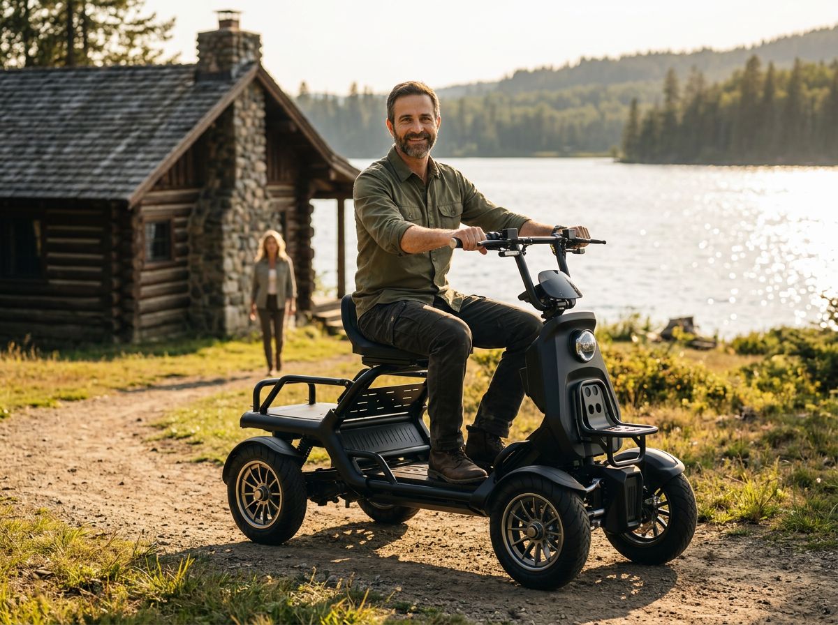 A man rides a black four-wheel electric mobility scooter on a dirt path near a stone cabin and a lake, with a woman walking in the background.