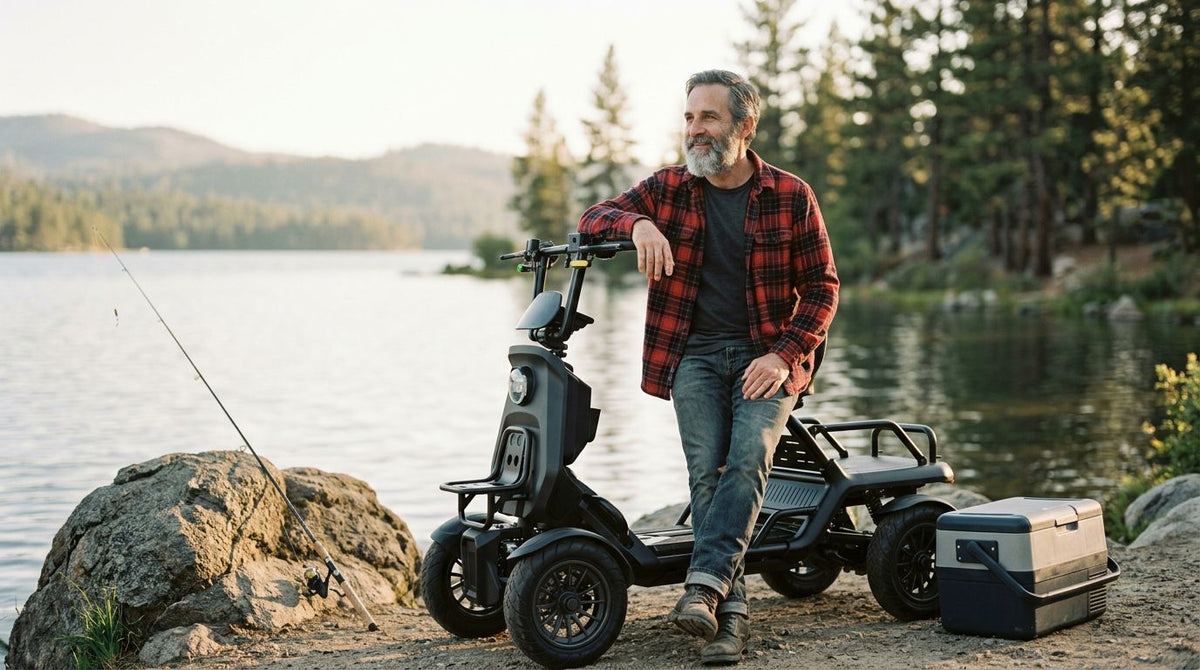 A bearded man in a red and black plaid flannel shirt and jeans stands next to a black four-wheel electric utility scooter with a cargo bed, parked by a lake with mountains and pine trees in the background. A fishing rod rests on a large rock nearby, and a cooler sits on the ground.