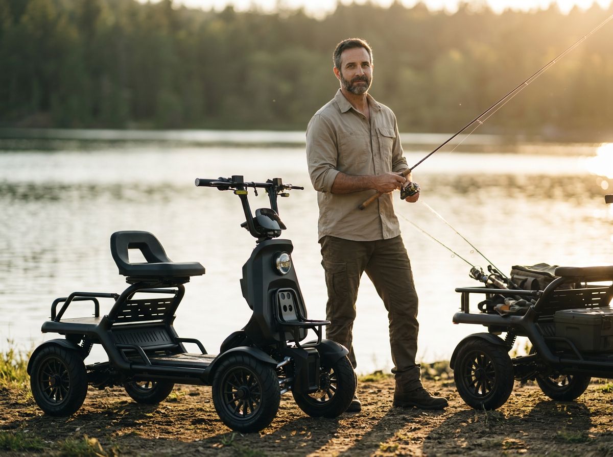 A man stands by a lake at sunset holding a fishing rod, with two black electric utility vehicles parked beside him on a grassy shore. One vehicle has a seat and the other is partially visible with gear mounted on it.