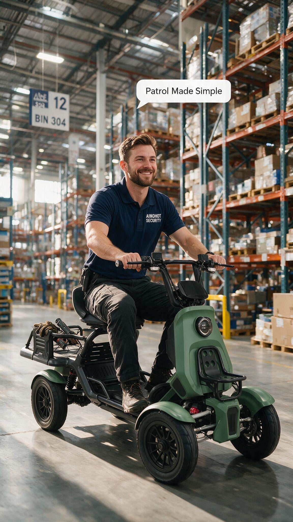 A man wearing a navy blue 'Brisket' polo shirt rides a green four-wheeled electric utility vehicle in a large warehouse setting. A speech bubble above his head reads 'Patrol Made Simple'.