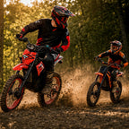 Two riders on red and black off-road motorcycles racing on a dirt trail in a forest, with promotional text in the top right reading 'SAVE BIG ON YOUR FAMILY OFF-ROAD BUNDLE' and '$1598 FOR BOTH!'.