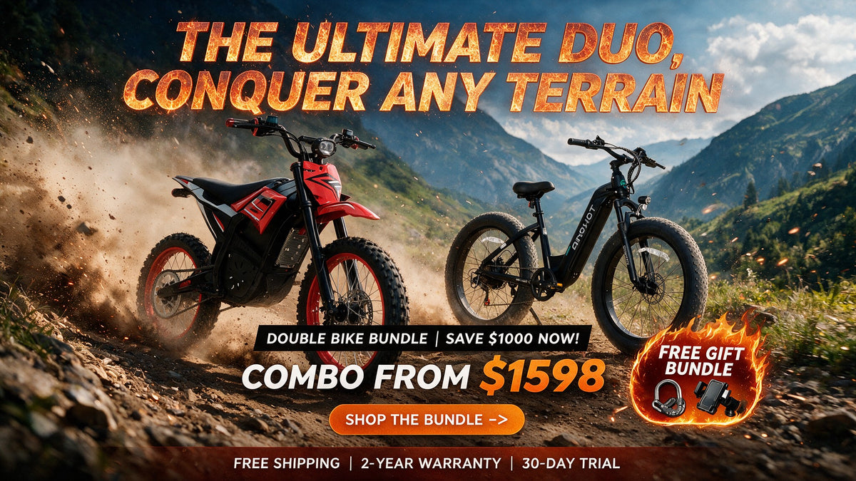 Promotional graphic for an electric bike bundle showing two bikes in an outdoor mountain trail setting: a red and black Velox off-road bike on the left and a black Terra all-terrain bike on the right. Large text reads 'THE ULTIMATE DUO CONQUER ANY TERRAIN' with pricing and a 'SHOP THE BUNDLE' call-to-action.