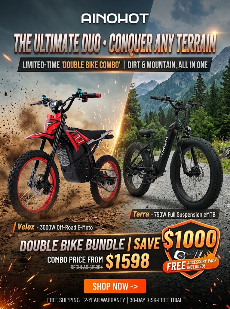 Promotional banner for an electric double bike bundle, featuring a red and black Velox off-road e-moto on the left and a black Terra full suspension eMTB on the right, set against a split dirt-track and mountain background with text overlays and pricing details.